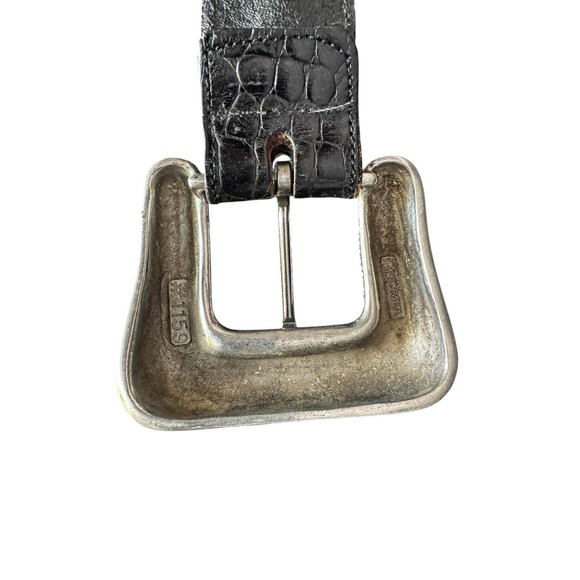 Oversized Vintage Vicenza Italian Calfskin Belt Black Silver Textured Buckle 38" - Picture 4 of 11